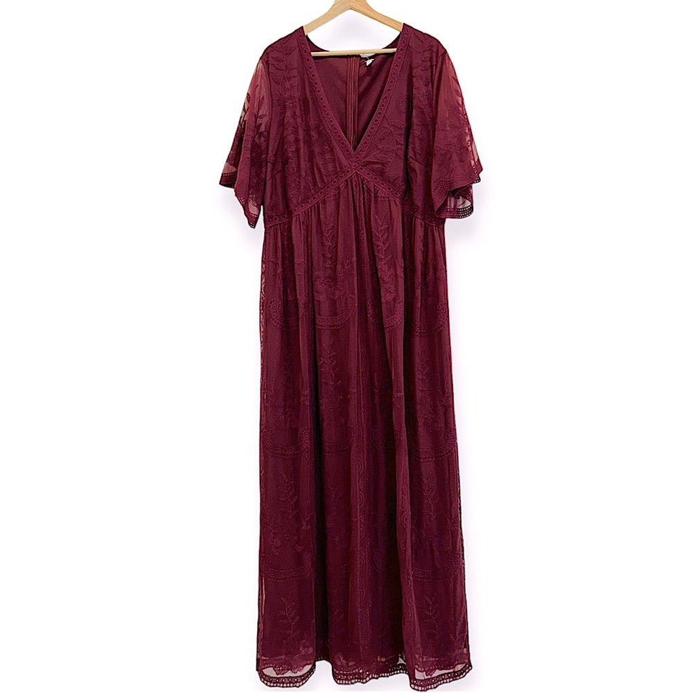 Pink blush dress adult two XL red purple lace maxi flutter sleeve v neck womens